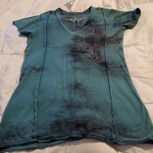 Affliction T Shirt Top Large Teal Cross Studded